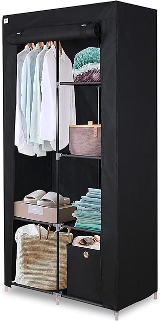 Knight Canvas Portable Double Free Standing Wardrobe Shelving Clothes Storage with Hanging Rail and Cubic Drawer (1pc Included) - L 88cm x W 45cm x H 170cm - Black