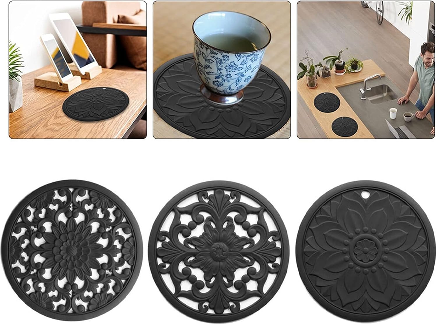 Trivets 3PCS Pot Holder Insulation Coaster Hollow Carved Silicone Non-Slip Flexible Kitchen Cup Holder Coaster (Color : Blue)