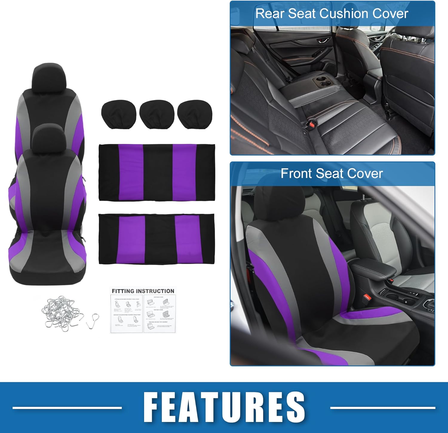 Universal 9 Piece Car Seat Covers Kit Washable and Breathable Truck SUV Car Interior Seat Protectors Knitted Mesh Fabric Purple