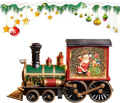Christmas Snow Globe Lantern Train, with Water Swirling Glitter, Musical and Lighted, Battery Operated Music Box for Christmas Decoration Gift, Snowman/Santa Scene Colored, Santa