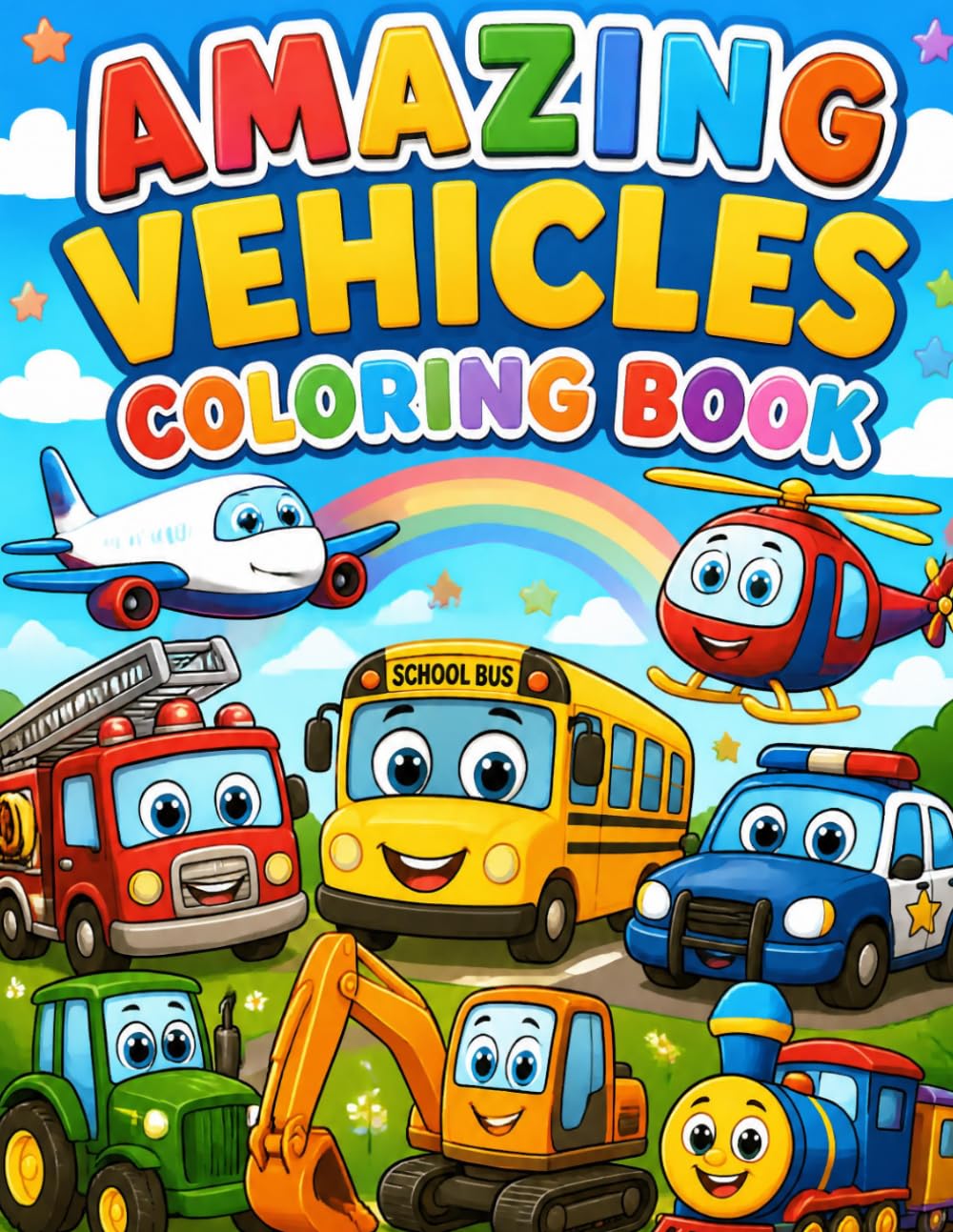 Amazing Vehicles Coloring Book for Kids Ages 3-6: Fun & Easy Coloring Pages Featuring Cars, Trucks, Trains, Tractors, Airplanes, and More!