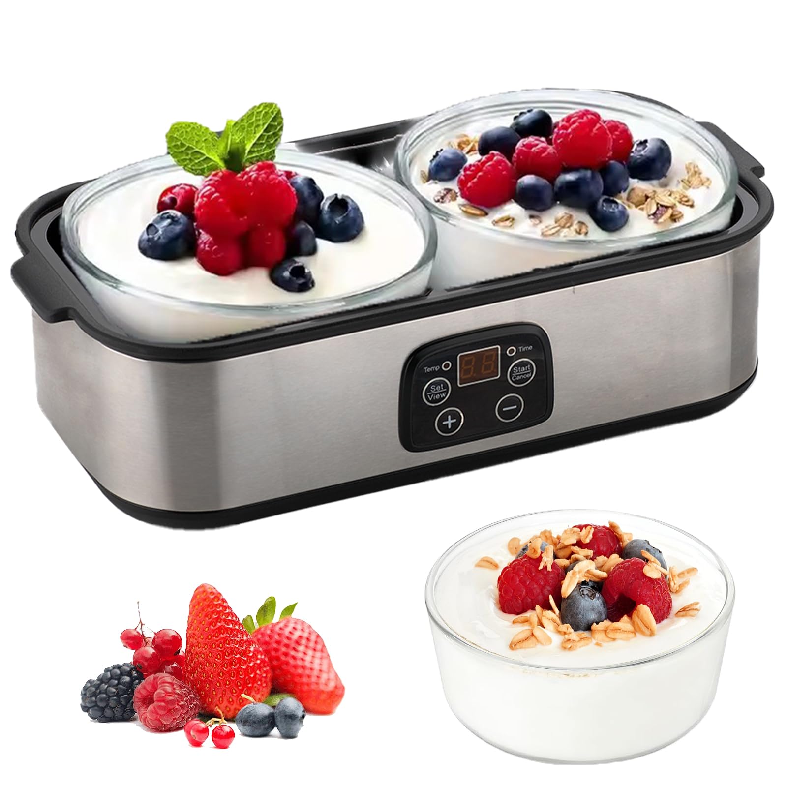 Yoghurt Maker Machine 2000ML, Electric Stainless Steel Yogurt Maker with 2/8 Glass Jars, Adjustable Temperature & 48H Timer | for Dairy & Non-Dairy Probiotic Yogurt Making,Healthy Desserts(2PCS)