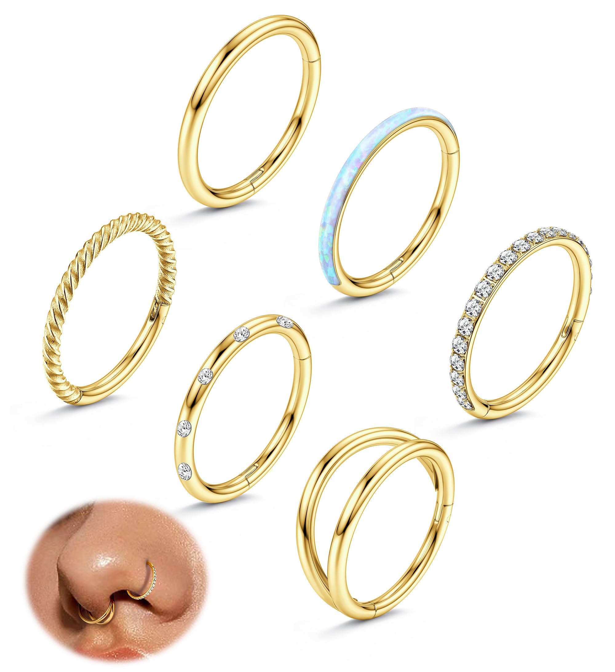 Adramata 6Pcs 18G Piercing Nariz Acero Quirúrgico Piercing Septum Piercing Nariz Aro Piercing Tragus Hélice Cartílago Oreja Piercing Labios Anillos Oro Plata Nariz Anillos Piercing para Mujer Hombre