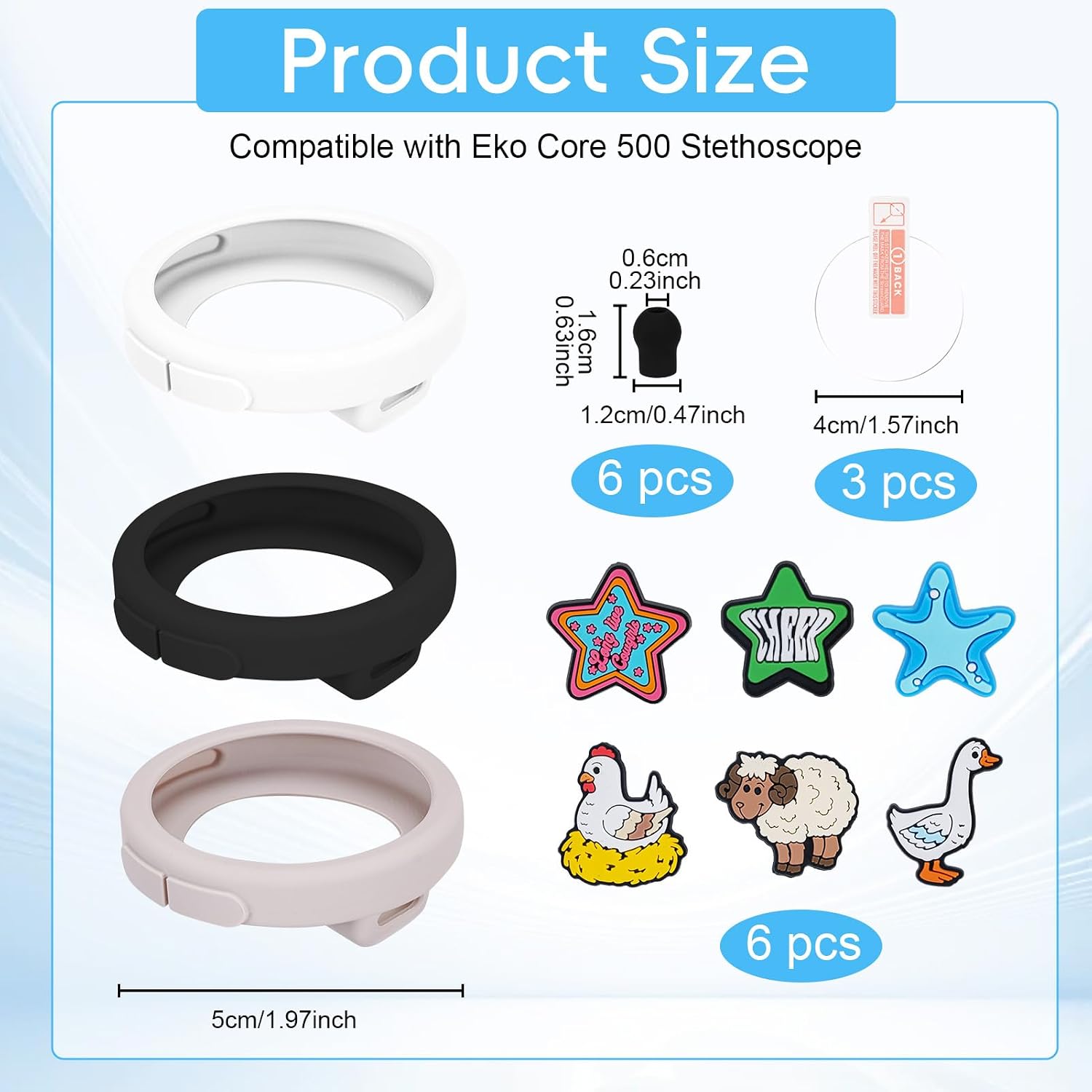 Silicone Protection Kit Compatible with Digital Stethoscope Model 500, 3 Silicone Covers, 3 EPU Films, 6 Ear Tips, 6 Cute Charm Tags, Dustproof Plug Anti-Scratch Stethoscope Cover Accessories Set