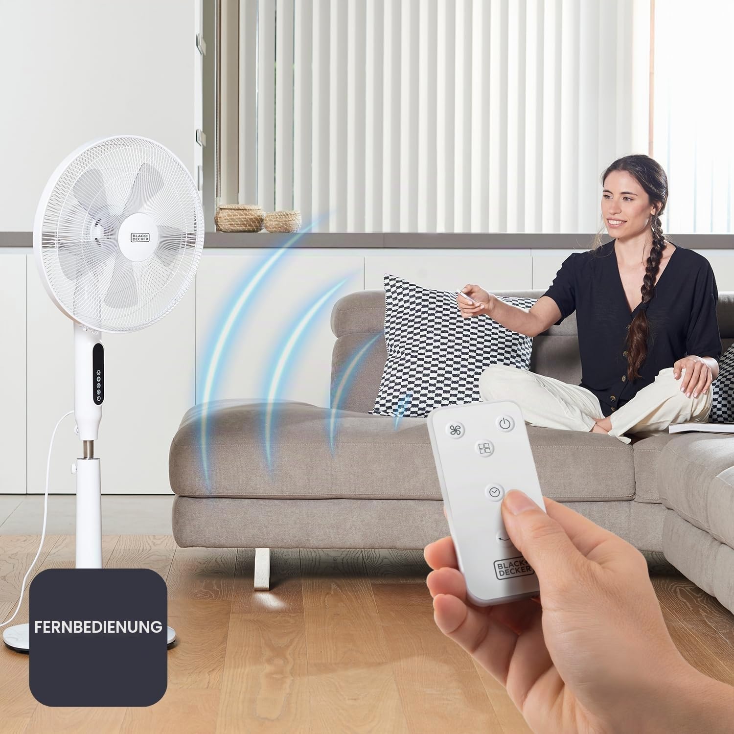 BLACK+DECKER - Standventilator 50 W | 3 Geschwindigkeiten | 3 Modi | Oszillierend | Höhe 110–115 cm | Touch-Bedienfeld | Fernbedienung | Timer 15 h | Runde Basis | Weiß