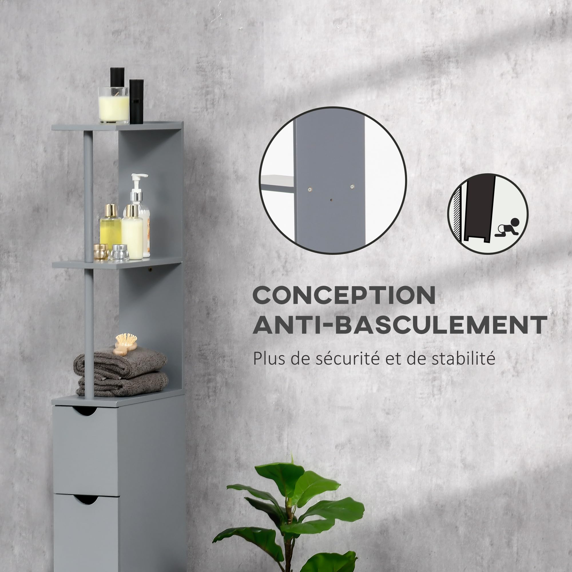 HOMCOM Meuble Colonne Salle de Bain avec Tiroirs 15 x 33 x 136,8 cm Gris | Armoire de Salle de Bain, Étagères Ouvertes, Placard