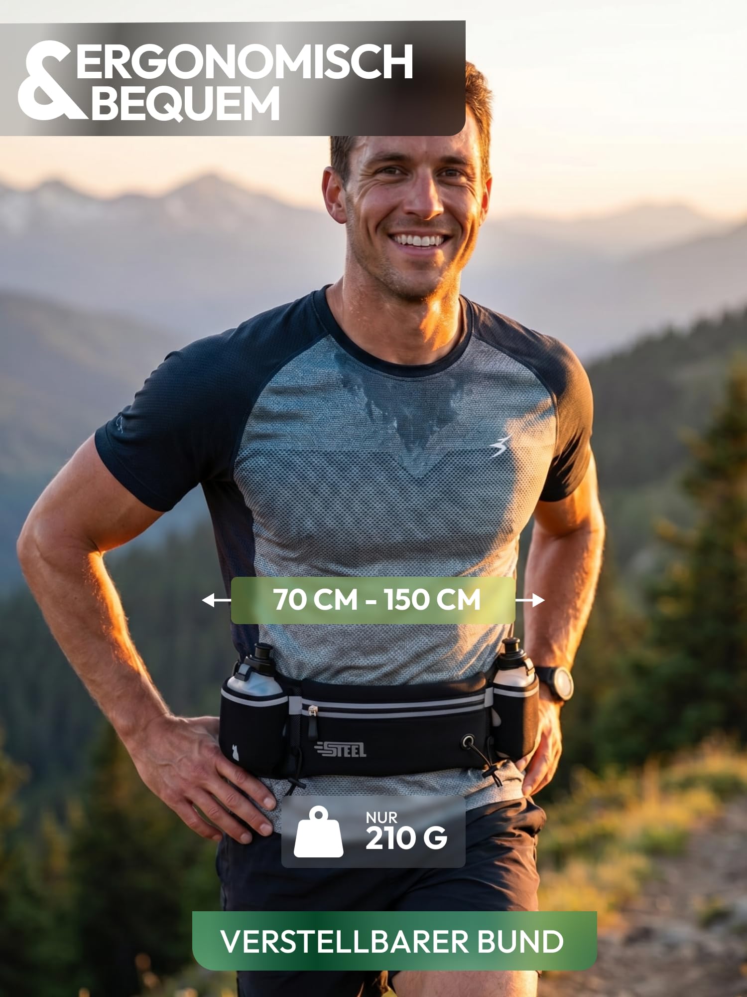 Laufgürtel, Hüfttasche, Sportgürtel mit weicher Flasche, wasserdicht, für Herren und Damen, für Smartphone, iPhone, Samsung Galaxy, bequem, Jogging, Fußball, Wandern (SCHWARZ (News))