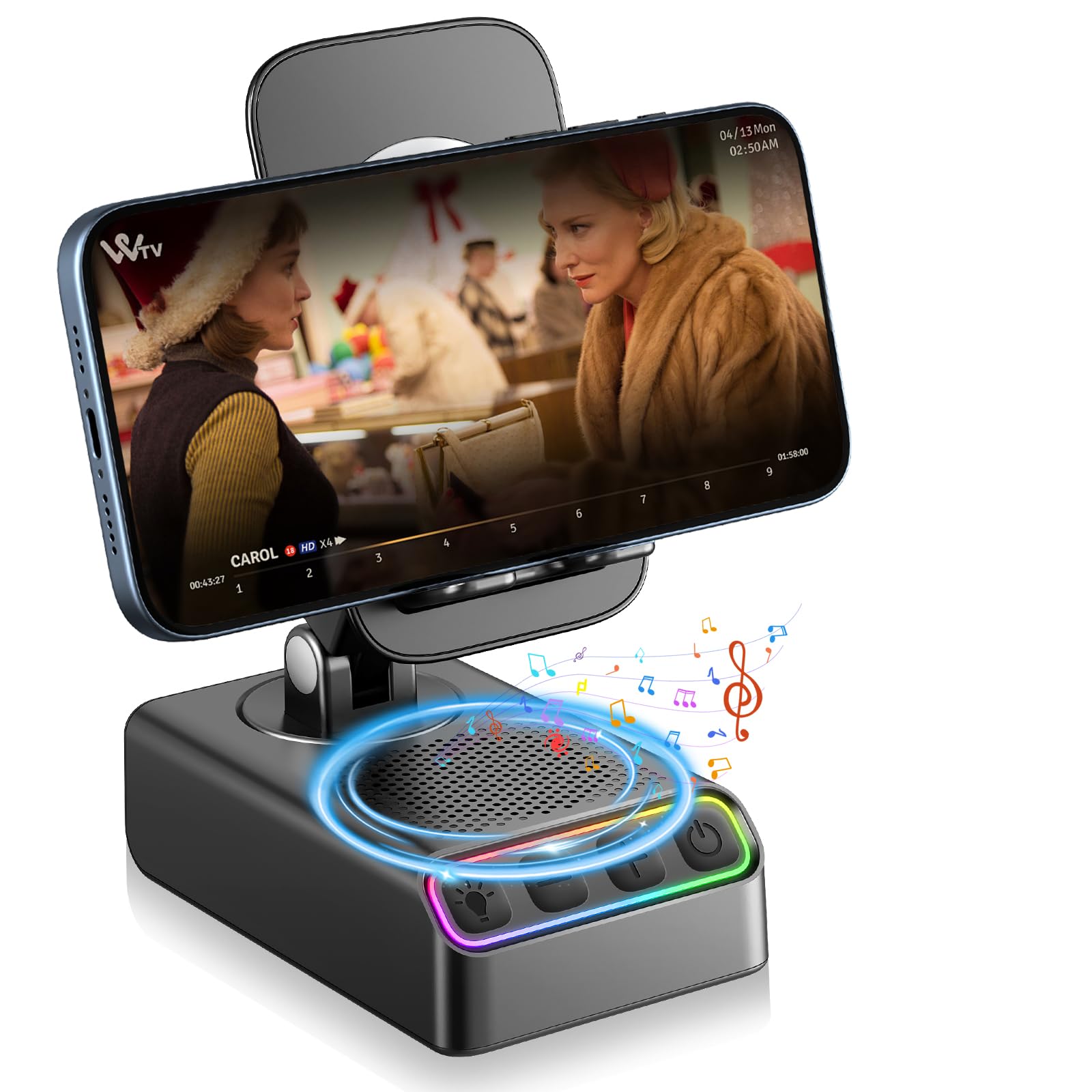 Hupoaf Adjustable Cell Phone Stand with Wireless Induction Bluetooth Speaker, Gifts for Men Women, Compatible with iPhone/Samsung