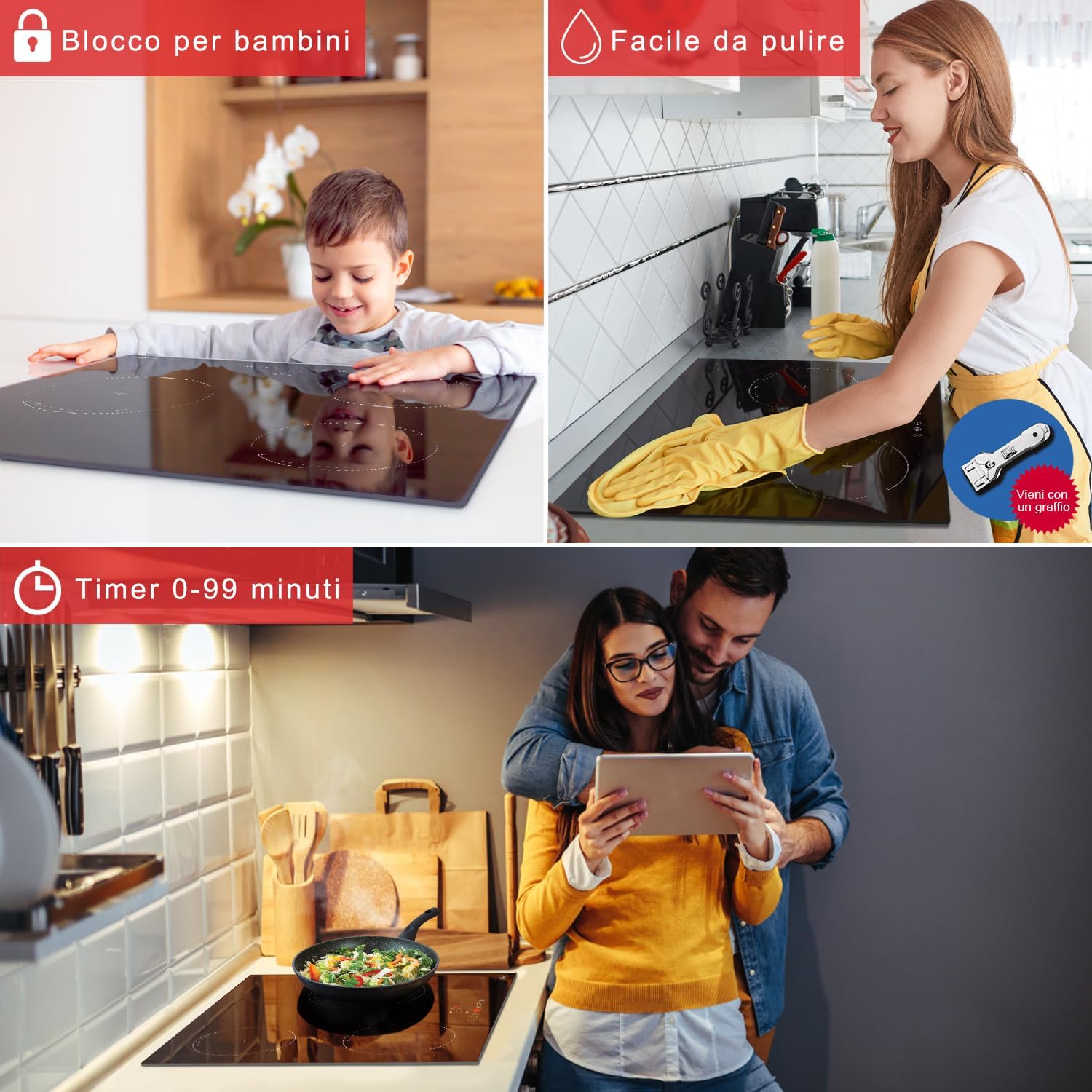 Piano cottura a induzione, 4 fuochi, L59 x P52 cm, 9 livelli di potenza, 6400 W, a incasso, nessuna spina inclusa, controllo touch, funzione pausa, timer, Hobsir Piano cottura a induzione, 4 fuochi, L59 x P52 cm, 9 livelli di potenza, 6400 W, a incasso, nessuna spina inclusa, controllo touch, funzione pausa, timer, Hobsir