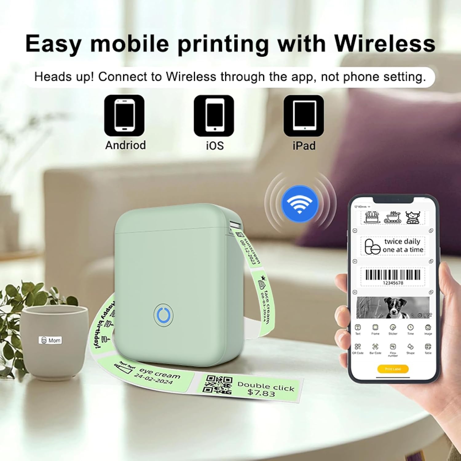 vvia Bluetooth Label Printer — Portable Mini Labeler, Upgraded Wireless Thermal Label Maker for Home, School & Office Organization, App-Controlled, USB Rechargeable, iOS/Android Compatible (White)