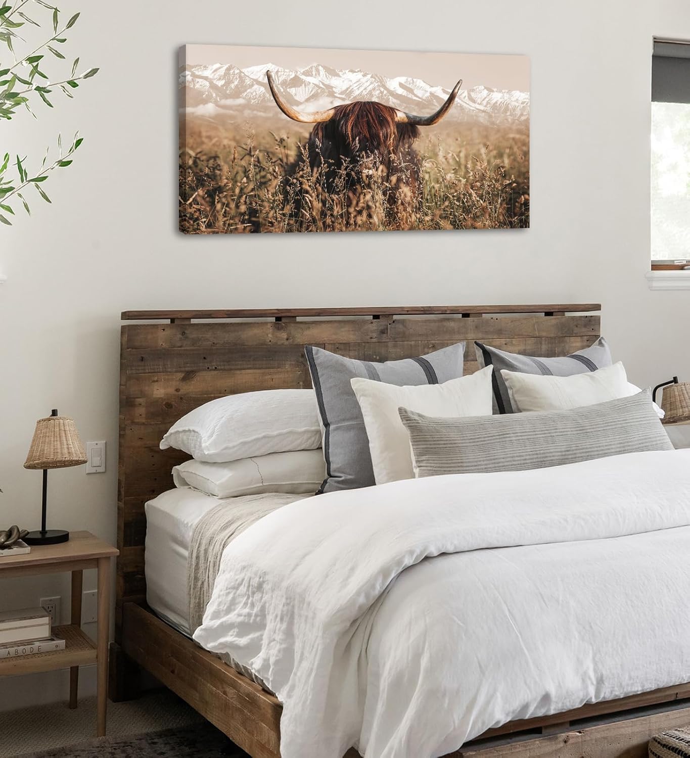DJSYLIFE Highland Cow Wall Art Farmhouse Decor Canvas Printed Country Cow Pictures Western Rustic Modern Artwork Decorations for Bedroom Office Living Room Framed Ready to Hang 20" x 40"
