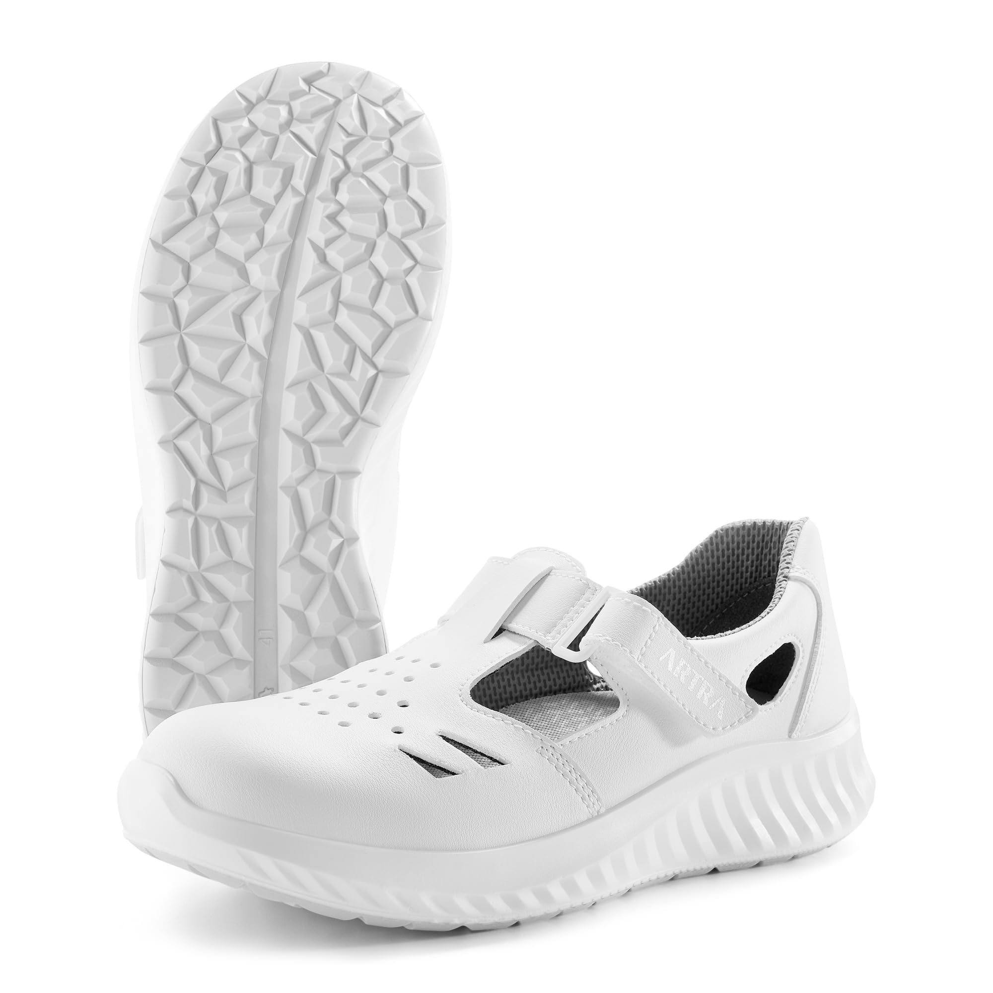 ARTRA Sandalia con velcro brazos 9007, zapatos de trabajo blancos S1, zapatos de cocina sanitaria con puntera de acero, Blanco, 43 EU