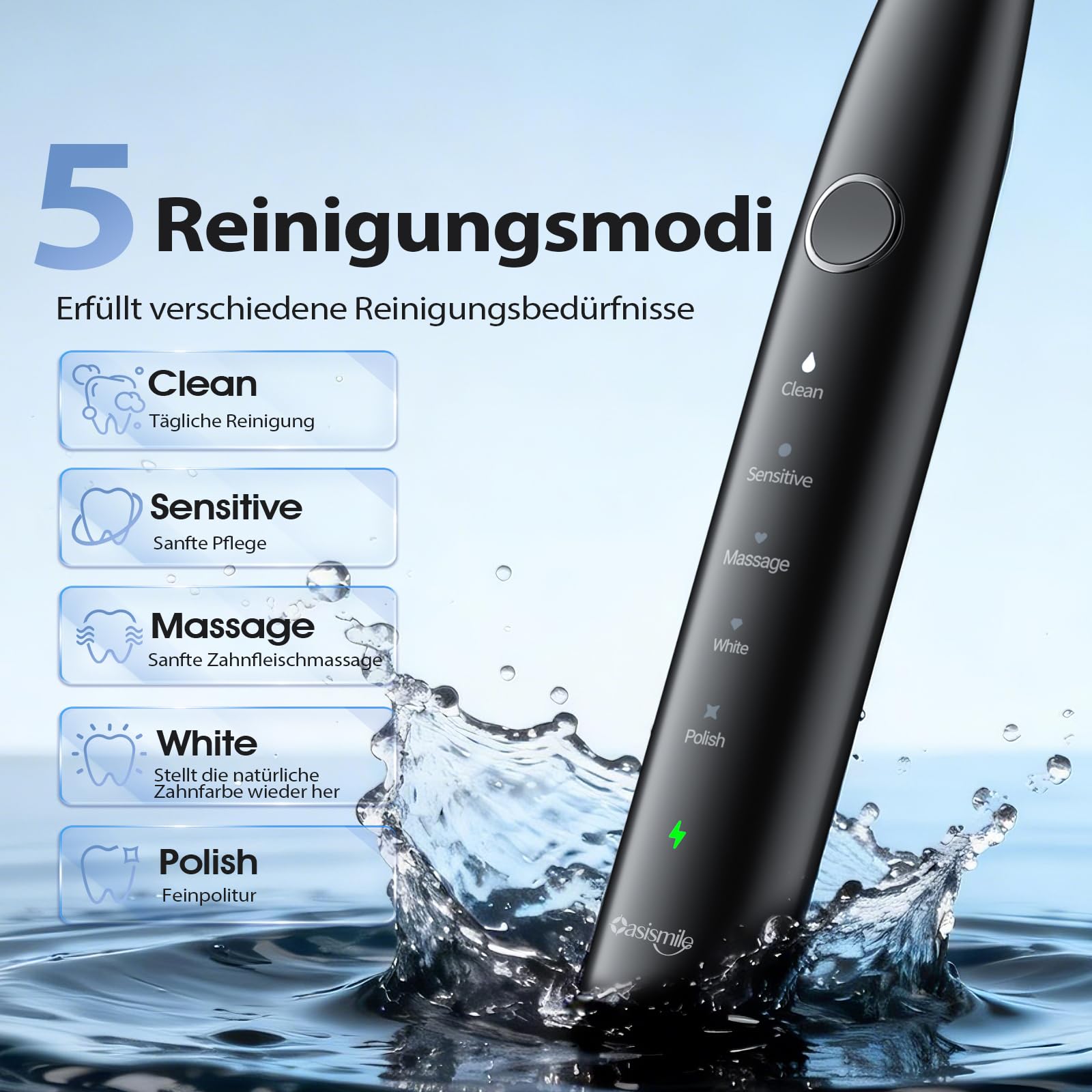 Oasismile X610 Elektrische Schallzahnbürste für Empfindliches Zahnfleisch, Sanfte und Gründliche Reinigung, 5 Modi, 42000 VPM, 100 Tage Akku, IPX7 Wasserdicht, mit Reiseetui und 6 Bürstenköpfen