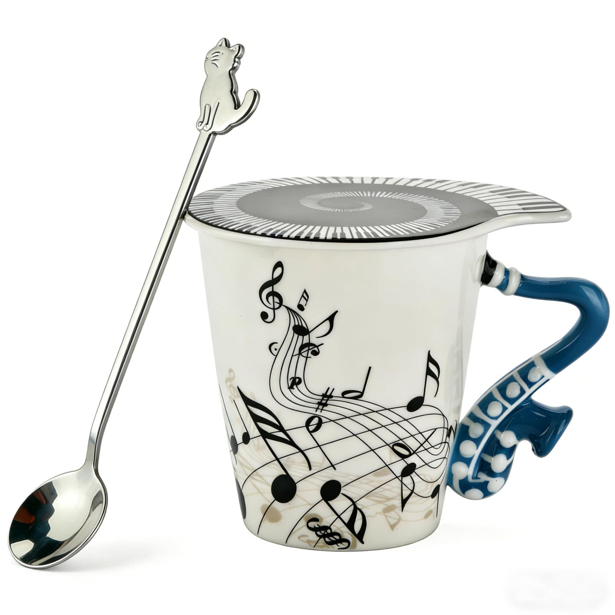 Saxophone Novelty Mug Unique Musical Gift Ceramic Tea Coffee Cup with Cool Music Themed Lid and Spoon,Birthday Holiday Gift for Musician,Women,Men,Teacher