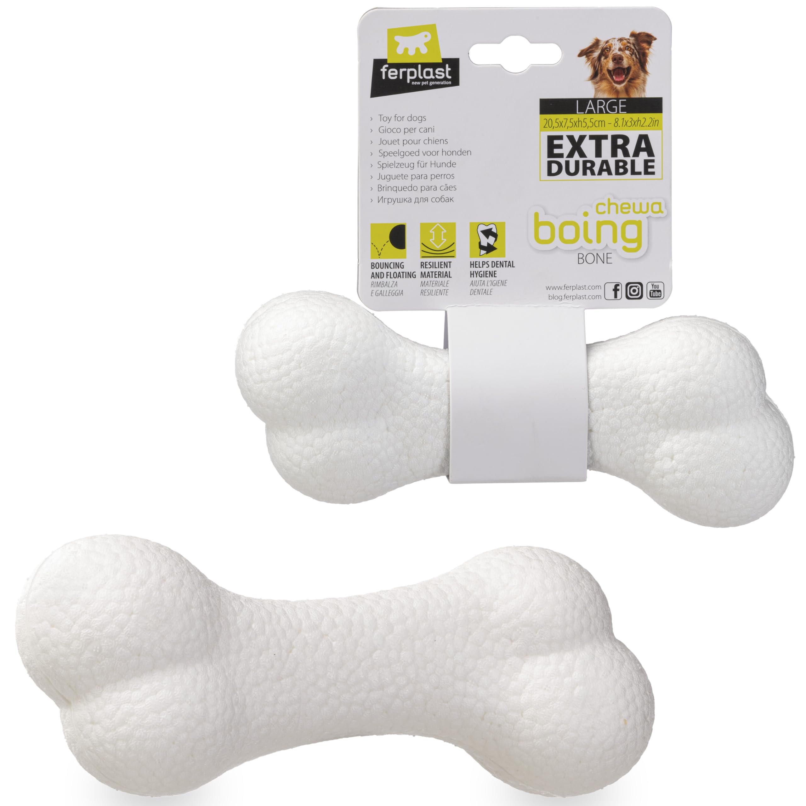 Ferplast Gioco Cane, Osso per Cani, in Materiale Durevole, Atossico, Resistente ai Morsi, per Igiene Dentale del Cane, Rimbalza e Galleggia, CHEWA BOING Osso, Giochi per Cane Grande, Bianco