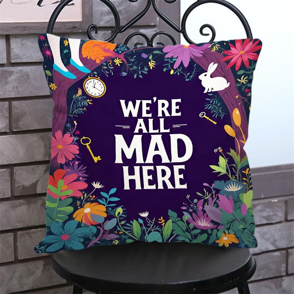Cotton Linen Pillow Covers We're All Mad Here Funny Art Decor Throw Pillow Covers Cases for Couch Sofa Bed Home Decor 18 x 18 Inches image 3