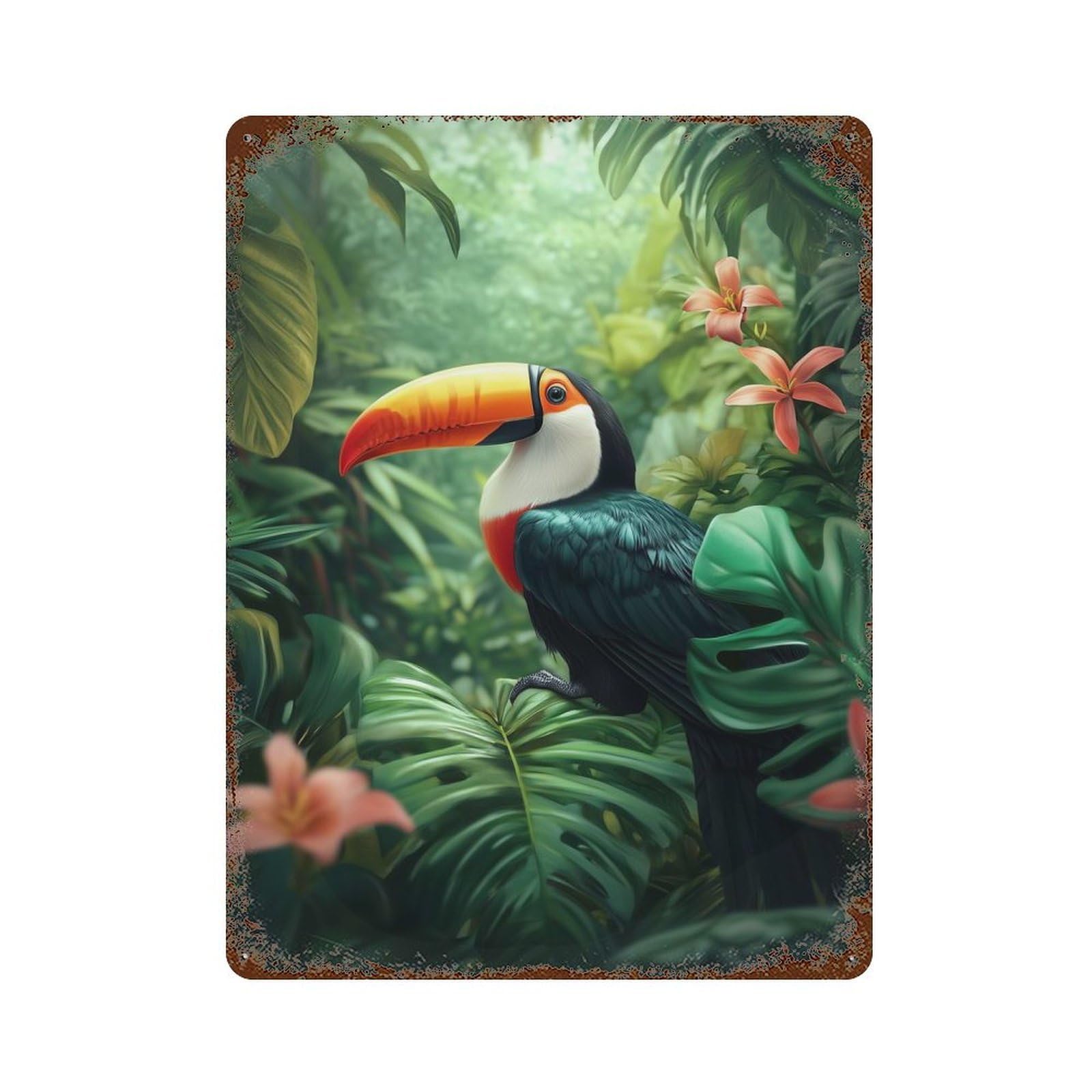 Decorative Tin Sign Toucan in Lush Tropical Foliage 15.7"x11.8", Vintage Wall Decor for Pub, Kitchen And Man Cave Decor