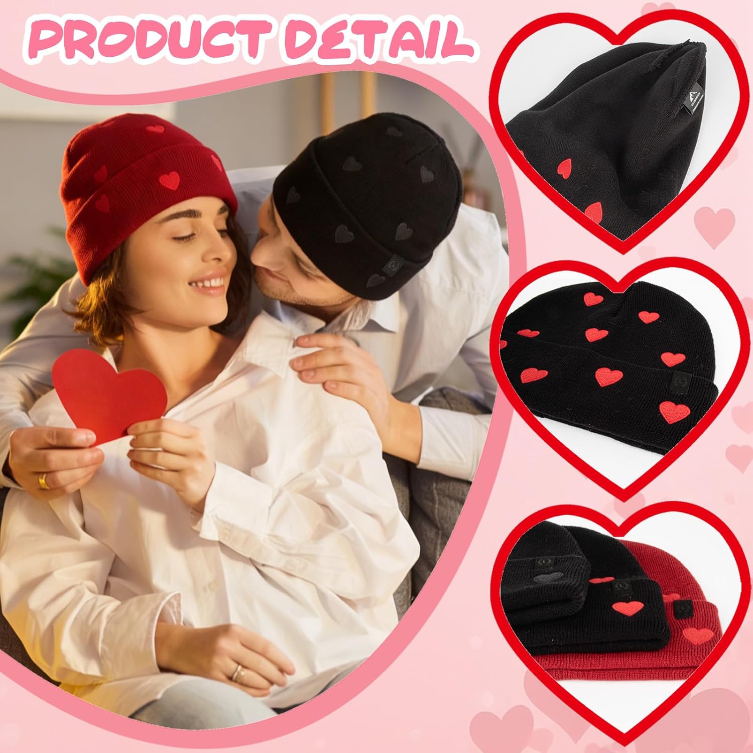 Valentine’s Day 100% Cotton Beanie for Couples Ribbed Beanie Hat Hearts Embroidered Beanie for V-Day Gifts - Image 7