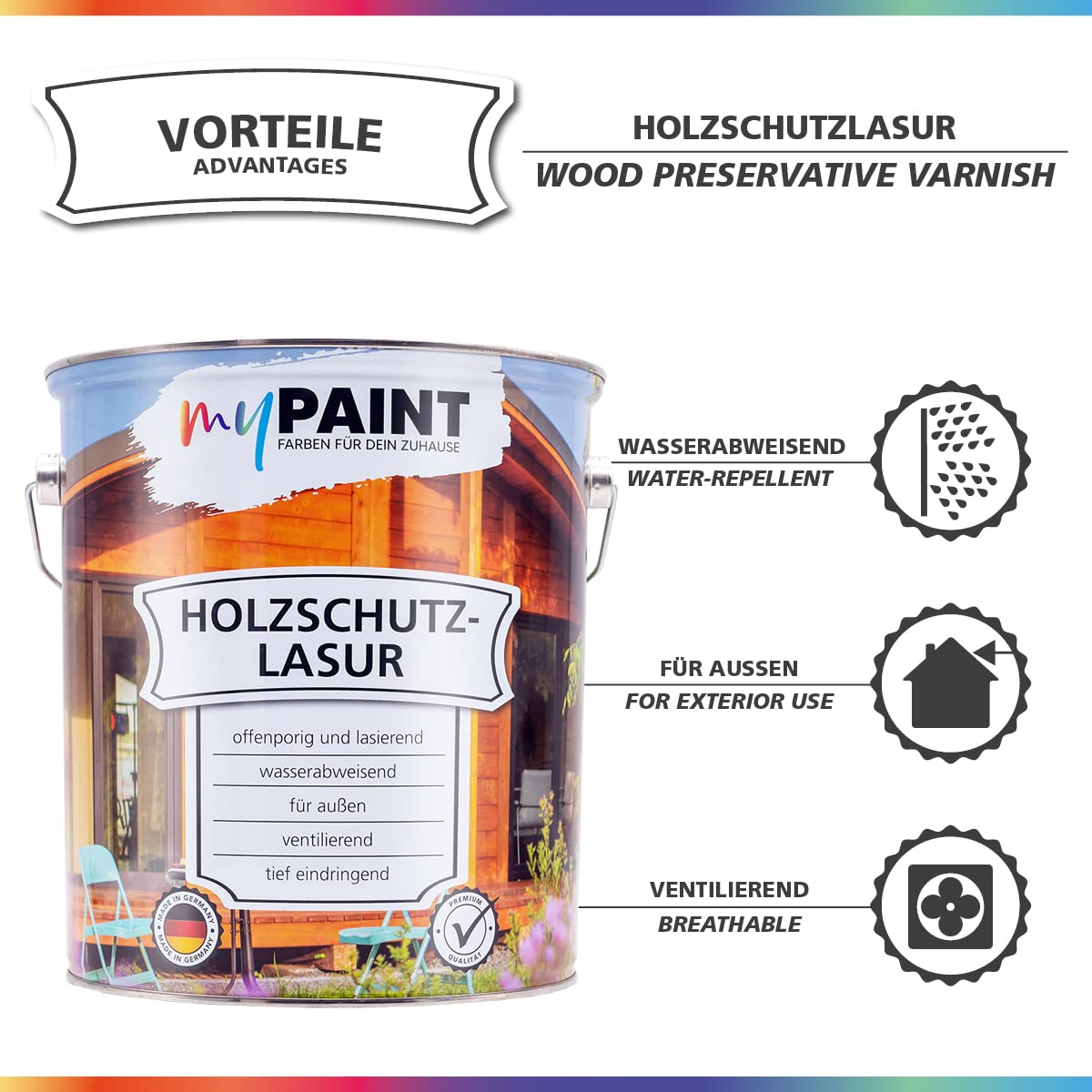 MyPaint Holzschutzlasur Außen 5 Liter – Farblos - Wetterfeste Holz Lasur für außen. Mit UV-Schutz. Ideal für Gartenmöbel & Zäune