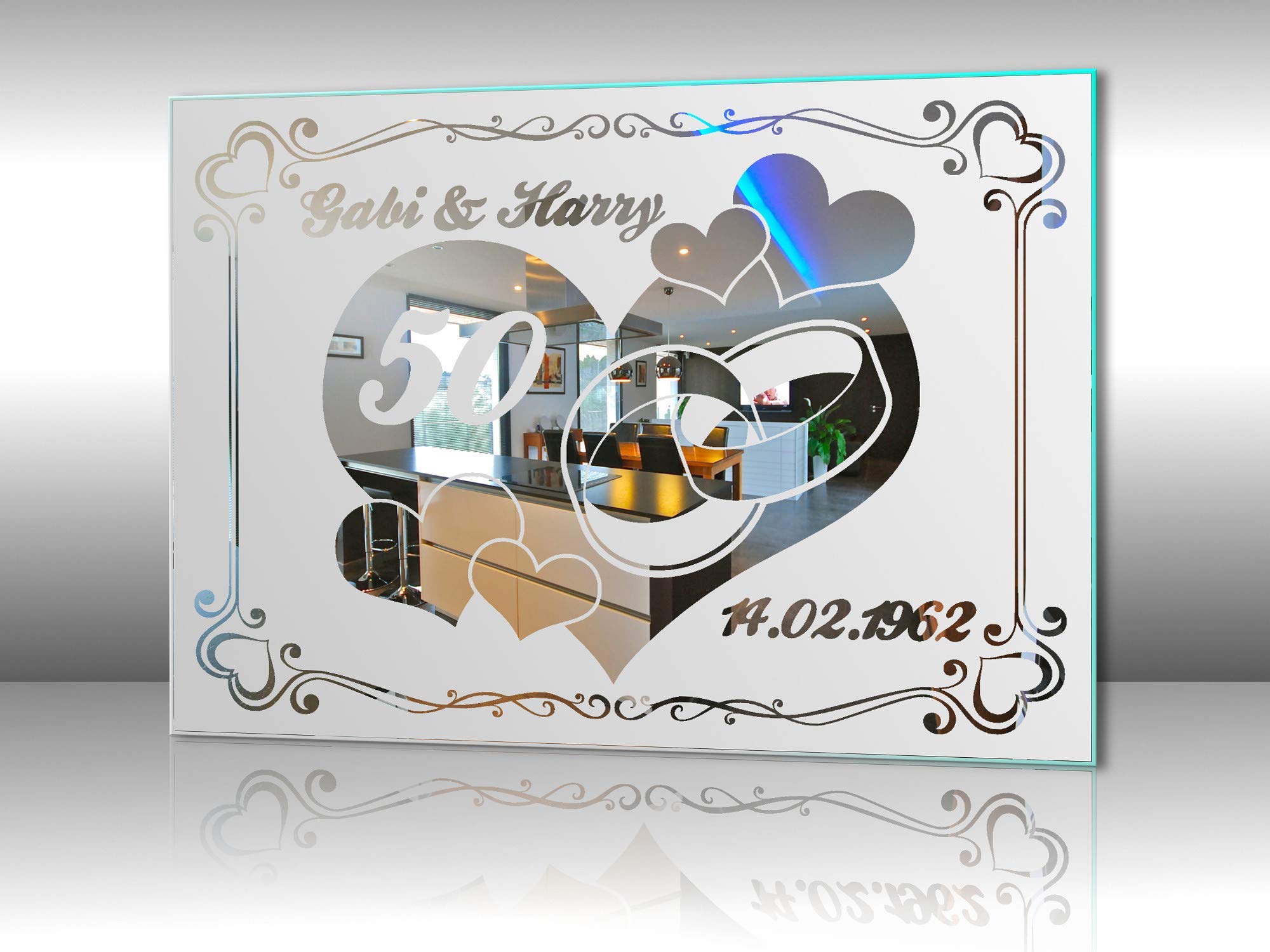 Spiegel mit Gravur zur Goldenen Hochzeit 2 ★ Wandbild ★ Hochzeitstag ★ Ehe ★ Hochzeitsgeschenk ★ 50 Jahre ★ personalisiert