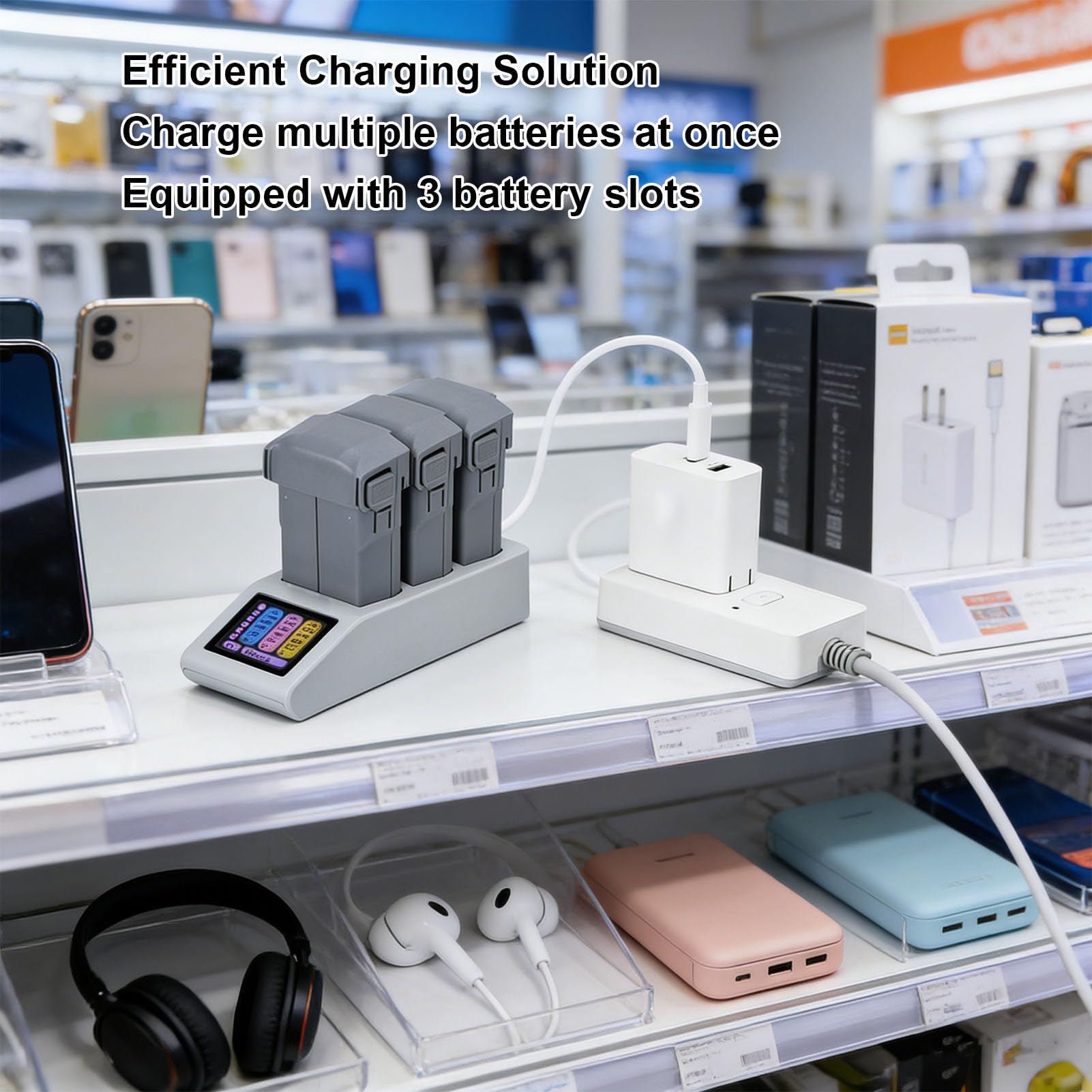 Fockety Caricabatterie Intelligente per Drone Serie Mini5pro, Interfaccia USB C 3 Batterie Hub di Ricarica Batterie Ricaricabili con Cavo di Ricarica per Auto Caricabatteria LCD