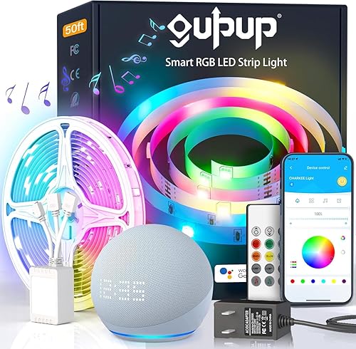 GUPUP Luces LED WiFi de 50 pies, tira de luces LED controladas por aplicación inteligente, compatible con dispositivos Alexa y Google Assistant,