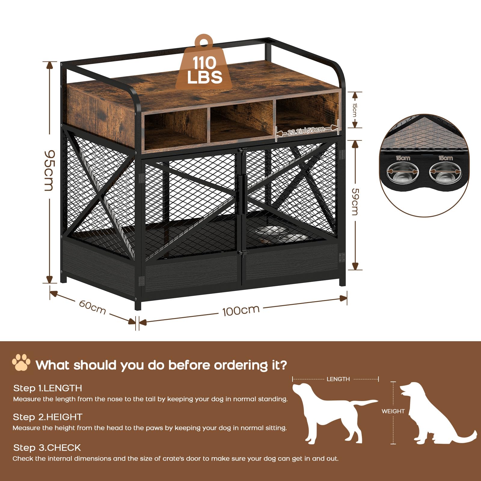 Mueble Jaula para Perro Grande, Casa de Madera Estilo Mueble, Mesa Auxiliar Con 3 Cajones, Perrera Resistente Con Comedero Giratorio 360° Marrón Rústico