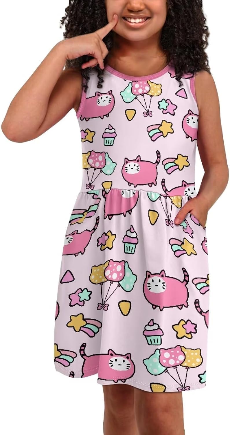 Casual Soft Stretchy A Line Midi Summer Dress for Girls High Waist Flowy Girls Princess Dress with Pockets Size 3-14