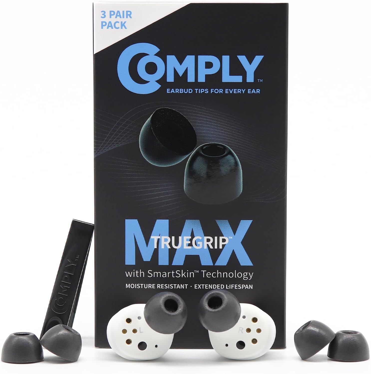 Comply TrueGrip MAX | Premium Memory Foam Replacement Earbud Tips for Sennheiser Momentum 3, 4, ACCENTUM | Enhanced Comfort, Secure Fit, Superior Noise Isolation | Black, (S/M/L) (3 Pairs)