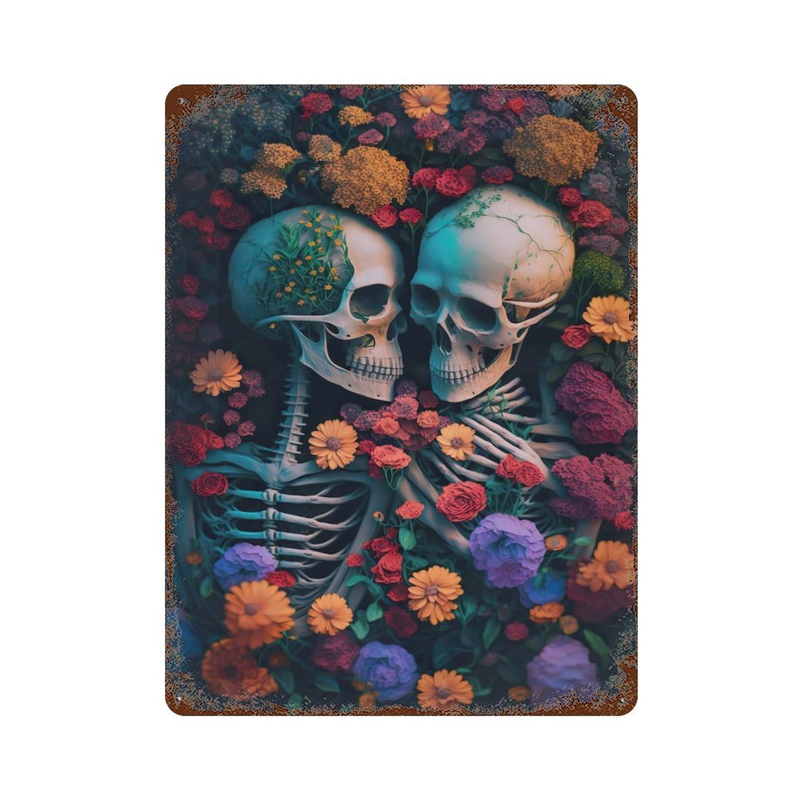 Rust Effect Skeleton Sea of Flowers Weathered Tin Sign 15.7"x11.8", Farmhouse Wall Decor for Farmhouse, Kitchen And Entryway Decor