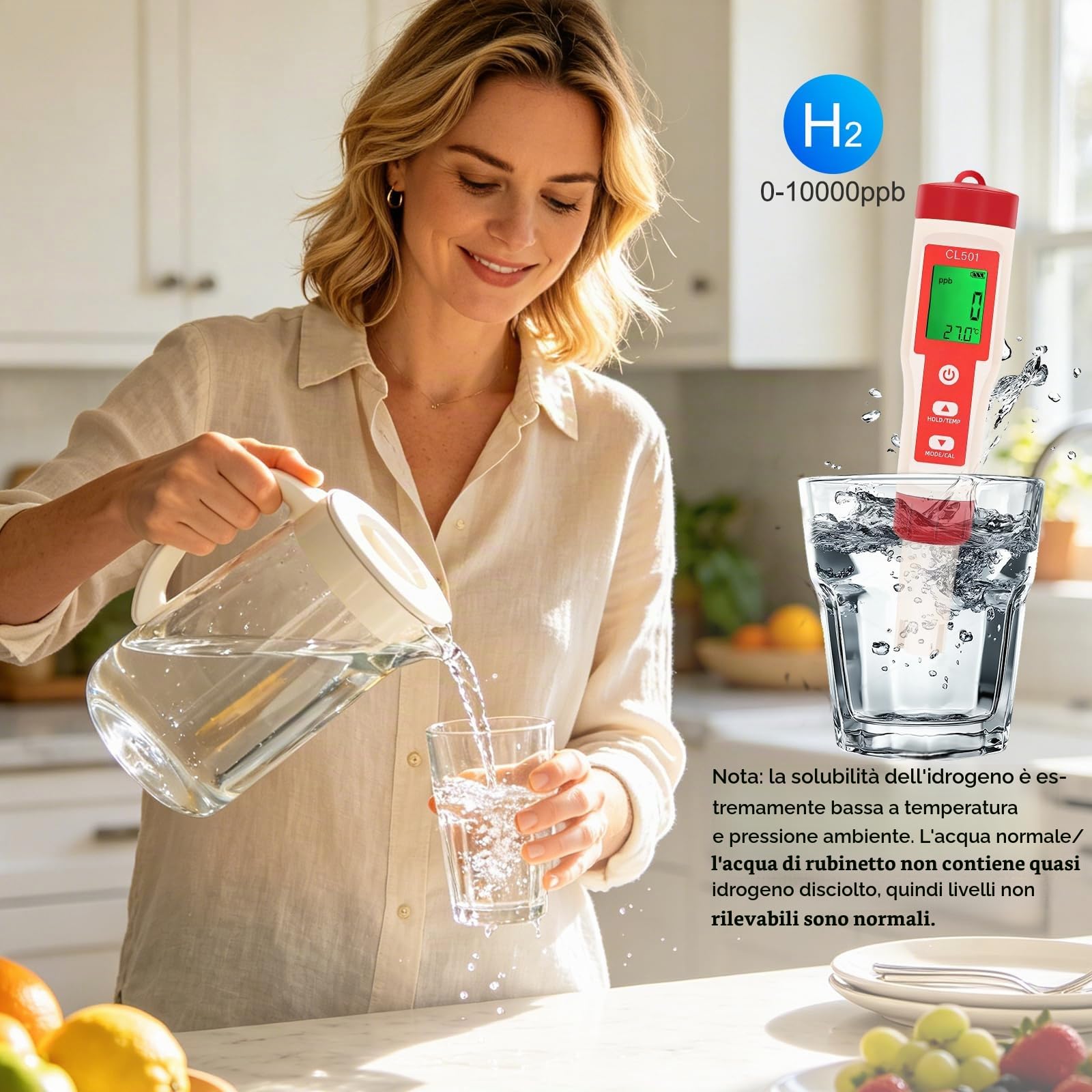 Misuratore pH e Cloro per Piscine, Test Piscina pH e Cloro 5 in 1 | Misura pH, Cloro, ORP, H2 e Temperatura, Analizzatore d'acqua per Piscine, Idroponica, Acquari e Acqua Potabile