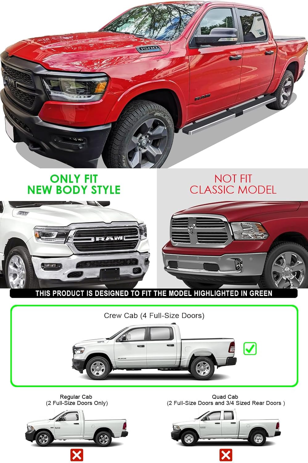 Wheel-to-Wheel HD Ridez Board 5" Stainless Steel Polished Compatible with Ram 1500 2019-2026 Crew Cab 5.5ft Bed (Exclude 19-24 Ram 1500 Classic) (Nerf Bar Side Steps)