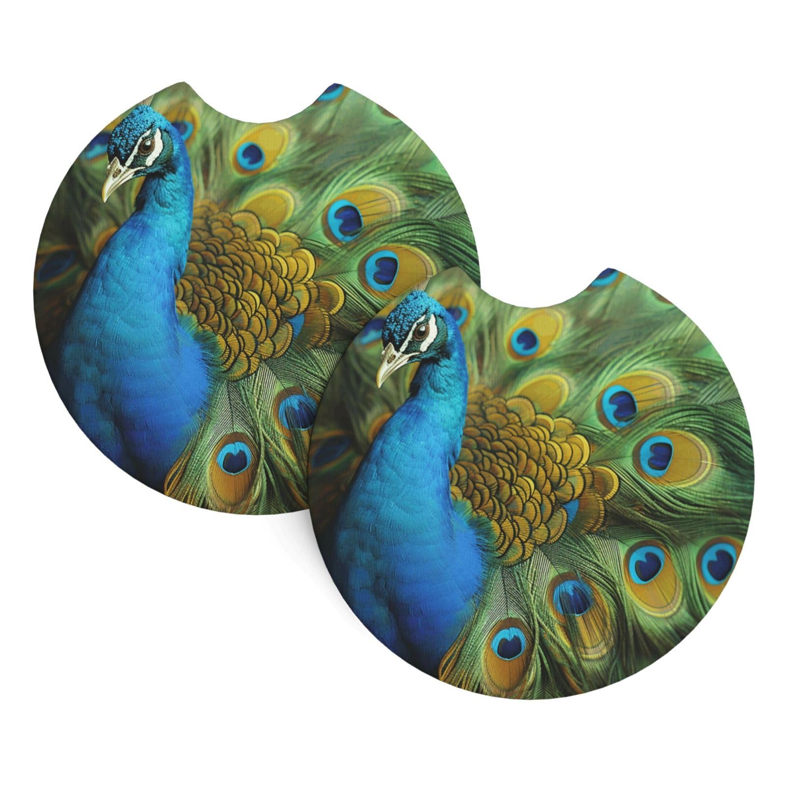 2 Pack Car Coaster for Cup Holders Peacocks Feather Car Cup Coaster 2.7" Neoprene Non-Slip Automotive Cup Mat Universal Auto Car Interior Accessories for Women Men Cup Pad