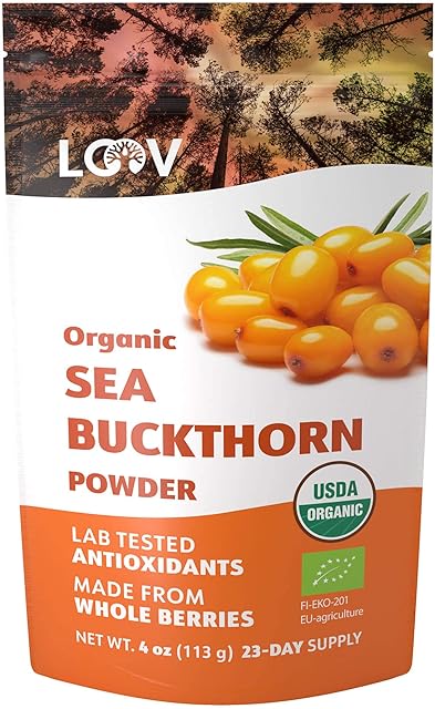 LOOV Organic Sea Buckthorn Powder, High in Fibre, Made from 100% Whole Berries, 113 g, Grown in Nordic Climate, Rich in Omega Blend, Vitamin C, Vitamin E, 23-Day Supply, No Added Sugar, Non-GMO