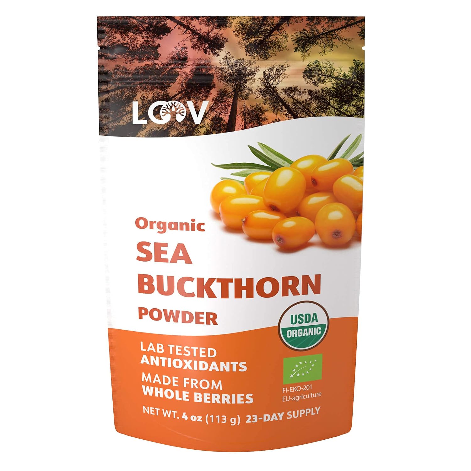 LOOV Organic Sea Buckthorn Berry Powder, High in Fiber, Omegas, Vitamin C, Vitamin E, Made from Whole Berries, 4 Oz, Grown in Nordic Climate, 23-Day