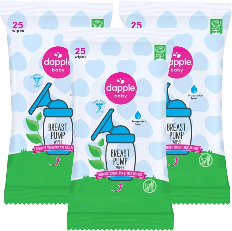Dapple Baby Breast Pump Wipes - (3 Pack) 25 Count - Fragrance-Free, Plant-Powered & Hypoallergenic - Removes Milk Residue - Diaper Bag Essentials