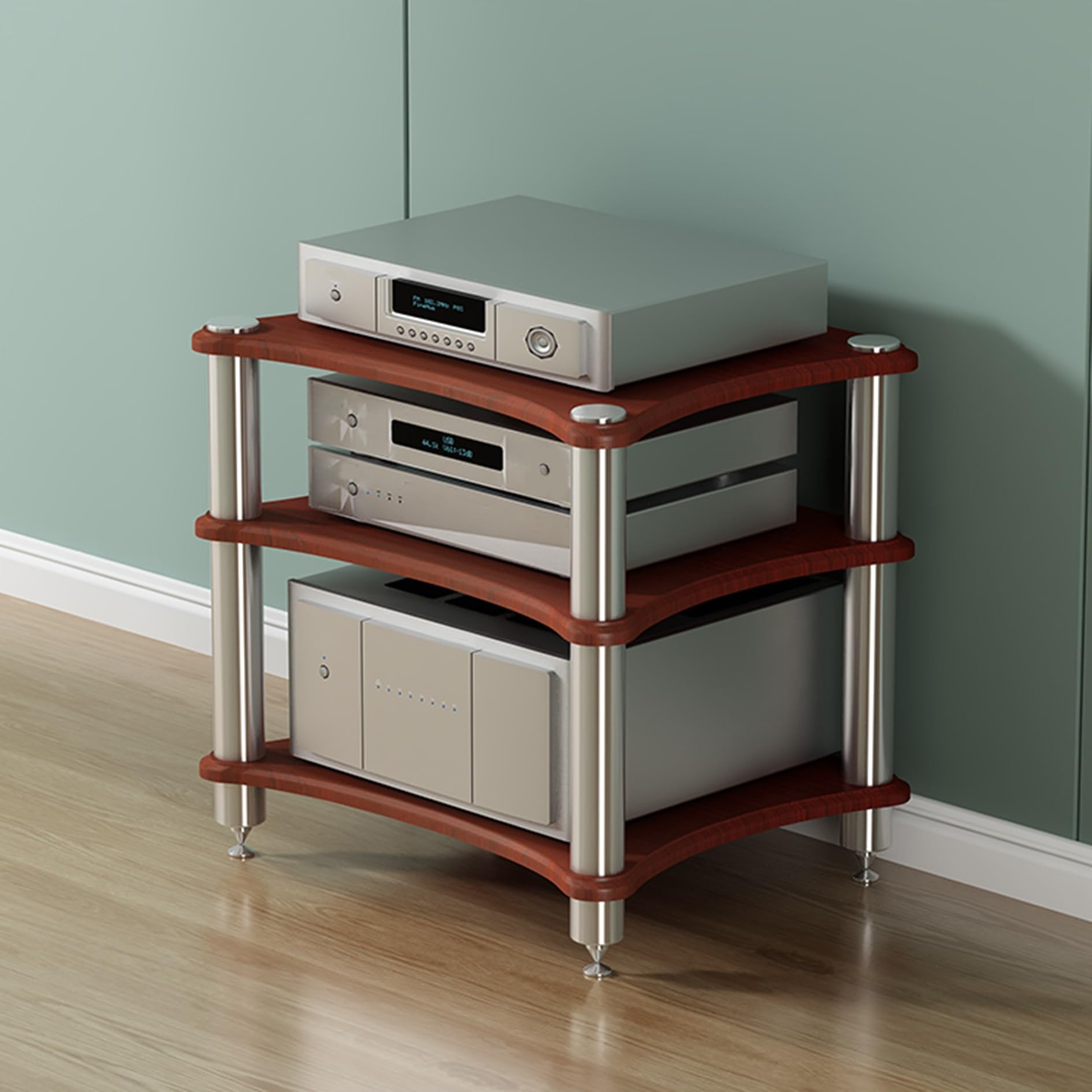 Étagère d'angle en bois à 4 niveaux pour supports HiFi et tour multimédia AV