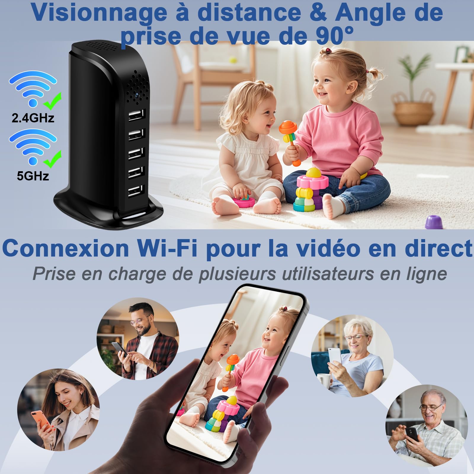Caméra Cachée WiFi 2.4/5G,HD 1080P Caméra Espion, Mini Camera Espion sans Fil avec Détection de Mouvement/Enregistrement en Boucle ＆Consultation à Distance