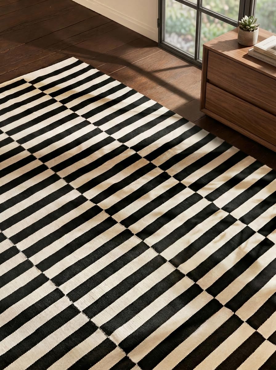 Hanse Home Wollteppich Vika - Natur Wohnzimmerteppich - Handgewebt & Natürlich - Streifen Design Wolle Modern für Wohnzimmer, Schlafzimmer, Esszimmer, Flur - Schwarz Natur Weiß, 200x300cm