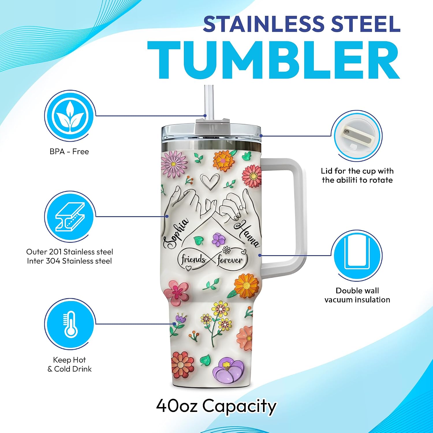 Hyturtle Personalized Bestie Tumbler 2D Print - Best Friend Customized Gifts Women - Bestie Gifts For Girls - Bestie Custom Gifts For Birthday - Custom Name Travel Coffee Cup 40 Oz With Lid Straw