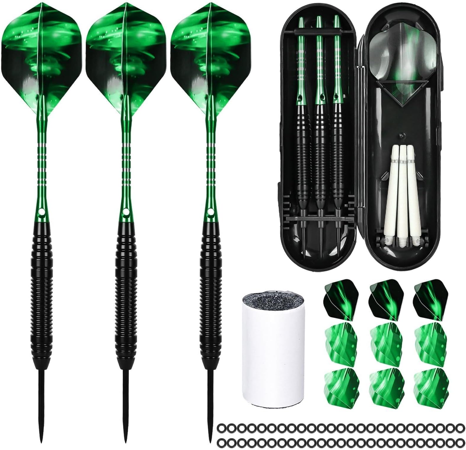 GOMETYSet of 3 Darts, Metal Tip, Professional Steel Darts, Steel Darts Set, 3 Aluminium Shaft with 9 Flights, 50 Anti-Loose Rubber Rings and 2 Dart Tool Sharpener