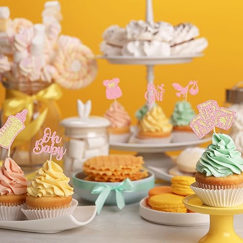 Miniatura 7 de Gyufise 24 adornos para cupcakes Oh Baby Glitter It's a Girl Cupcake Picks Bow Dress Baby Shower Baby Shower Cake Decor para revelación de género