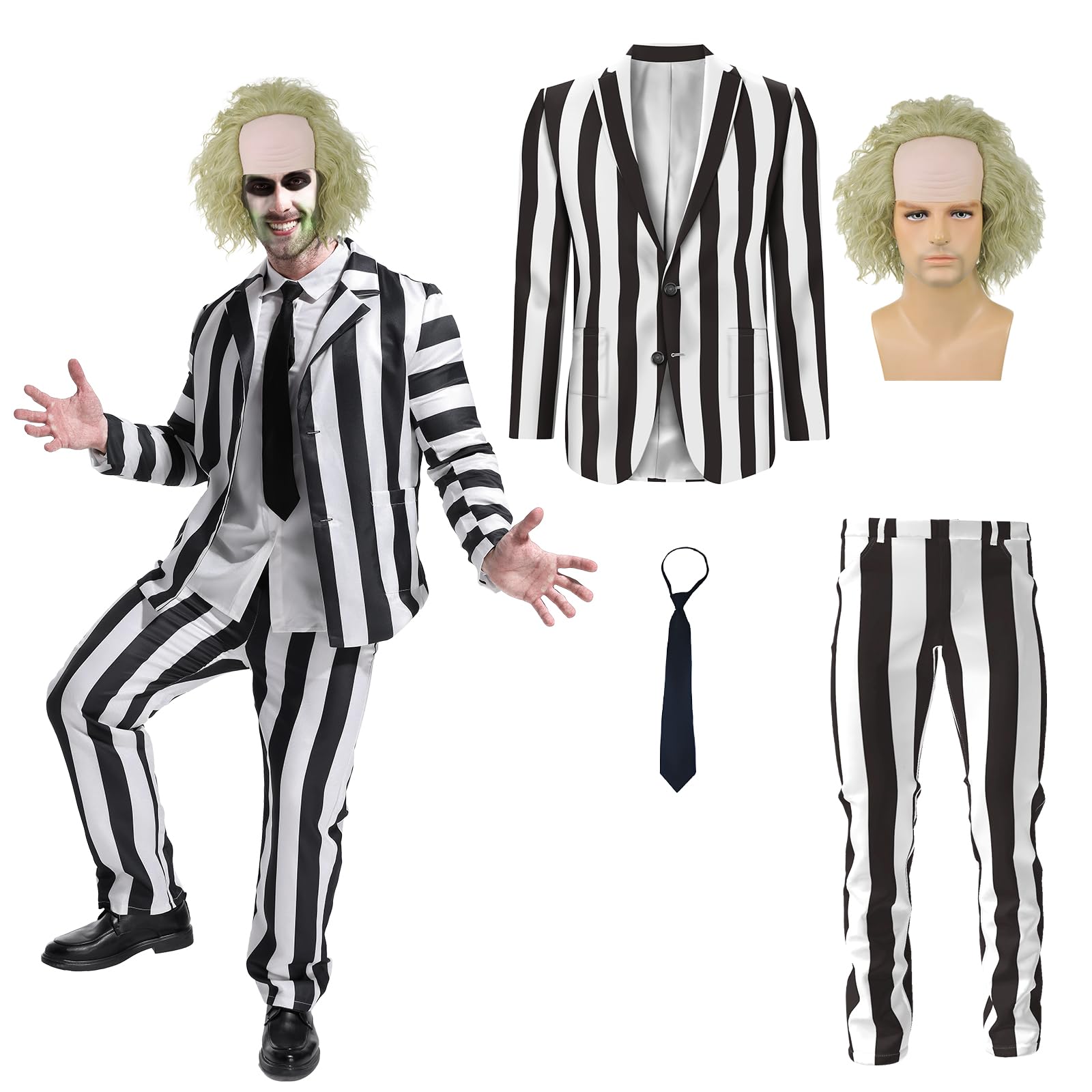 Photo 1 of YIGMAW Adult Costumes for Men 4 Pcs Black and White Stripe Suit with Wig Movie Cosplay Outfits for Halloween Party (3XL)