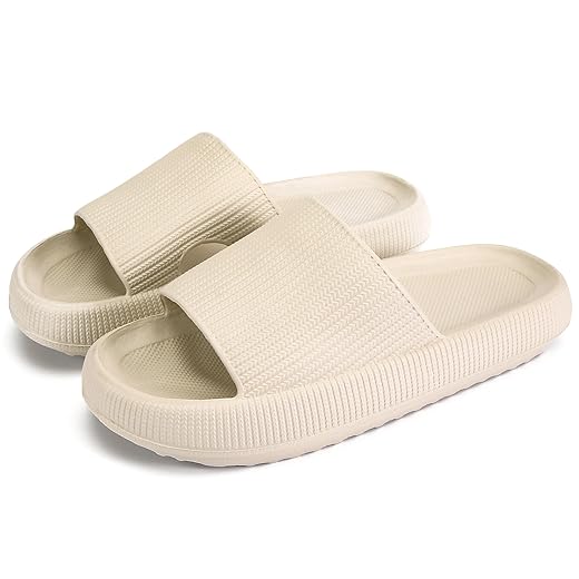 rosyclo Cloud Slides for Women and Men, Pillow House Slippers Super Soft Comfy Non-Slip Massage Bathroom Shower Shoes, Cushion Slide Sandals for Indoor Outdoor, Size 8 7.5 8.5 Tan Beige Nude