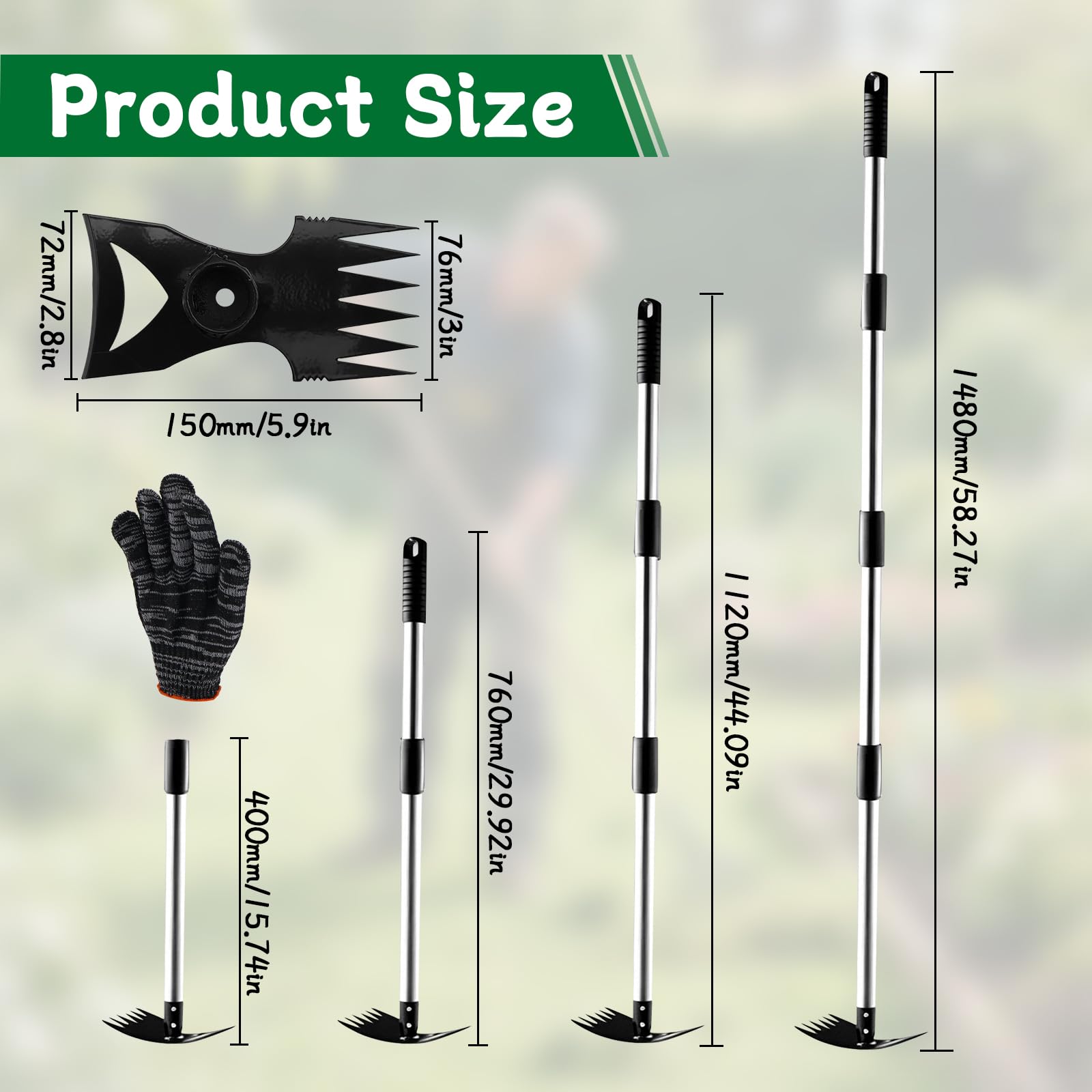 Serfouette Jardinage 148 cm Houe de Jardin 2 en 1 avec Griffe de Jardin Dents, Binette Jardinage Manche Long, desherbeur pour Cour, pelouse, terrasse, Jardin