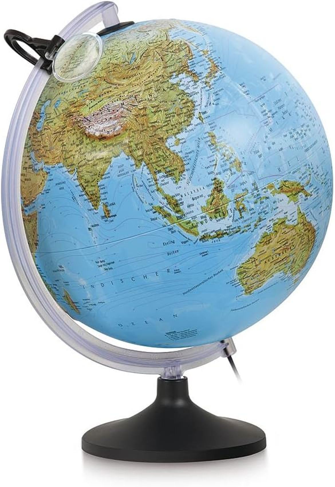 Mappamondo Tecnodidattica Uranio 30 cm Illuminato – Globo Geografico Didattico con Rilievo 3D, Cartografia Politica e Fisica, Base con Semimeridiano e Lente – Multicolore 0333URFGITLNTL46