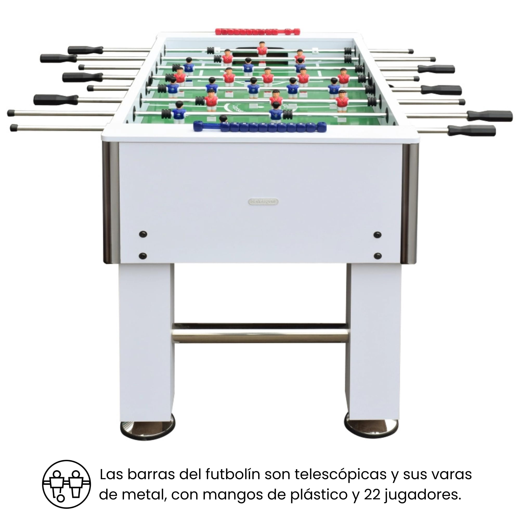 DEVESSPORT Futbolín Semi Profesional Salón Blanco con Retorno de Bolas| Jugadores de Piernas Separadas + Retorno de Bolas + 2 Pelotas Incluidas | Pack Futbolín Semi Profesional con Niveladores