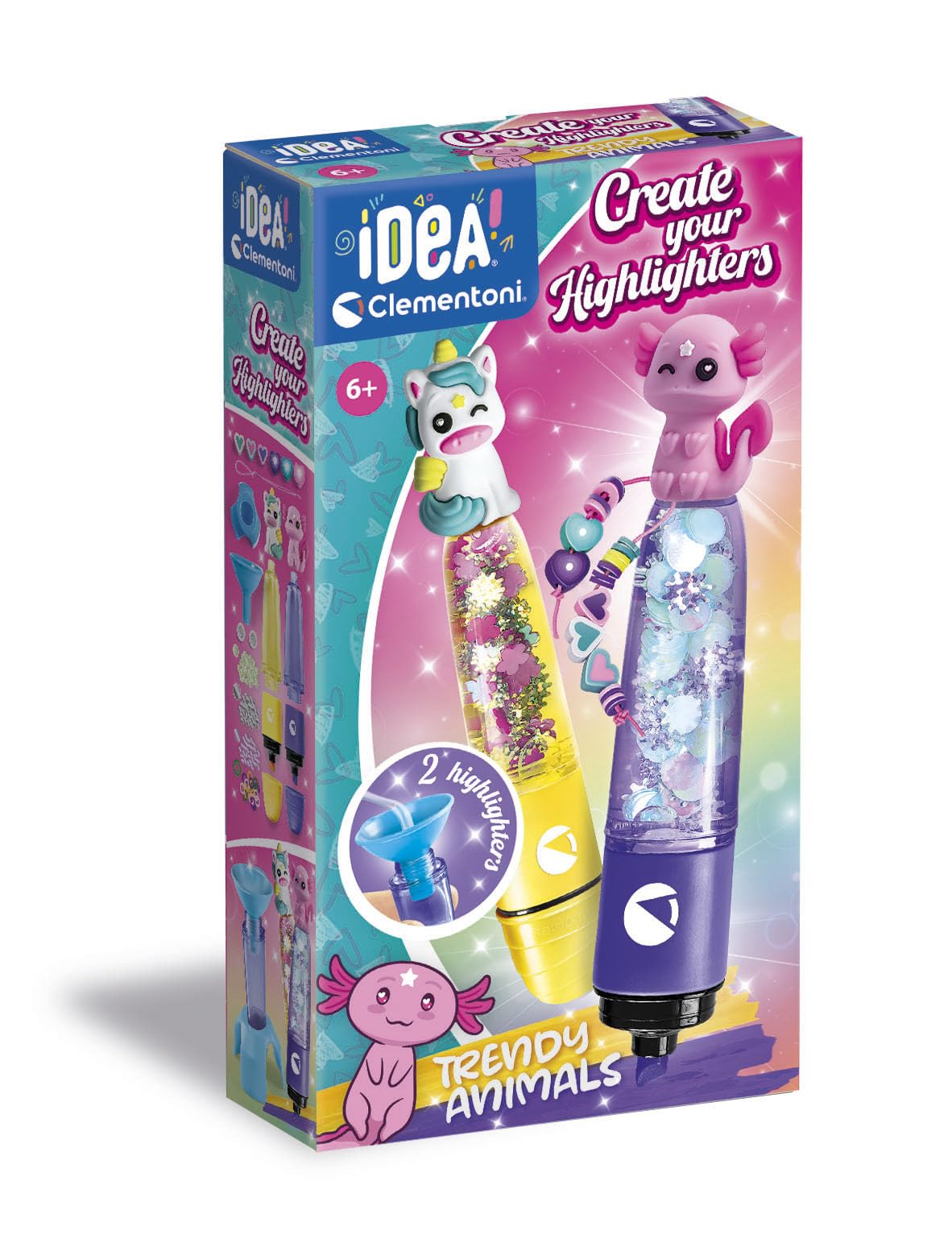 Clementoni Idea - Create Your Highlighters: Trendy Animals, Laboratorio degli Evidenziatori Personalizzati, Kit Creativo per Bambini 6+ Anni, con 2 Evidenziatori Personalizzabili con Accessori, 18874
