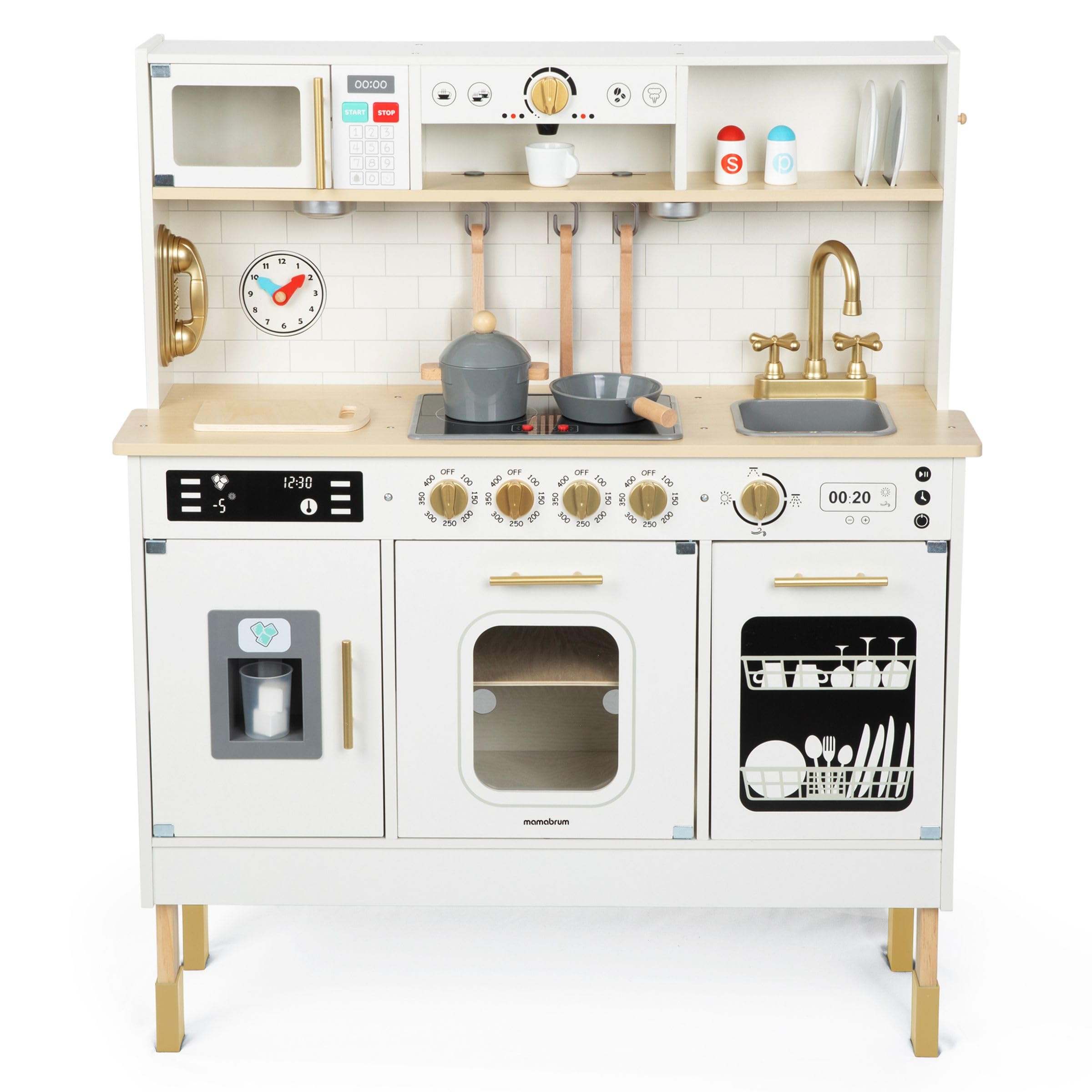 Mamabrum Cocina de Juguete para Niños de Madera con Luces LED - Juguetes Cocina Niños Interactiva con Altura Ajustable - Incluye Microondas, Lavavajillas y Accesorios - 104cm