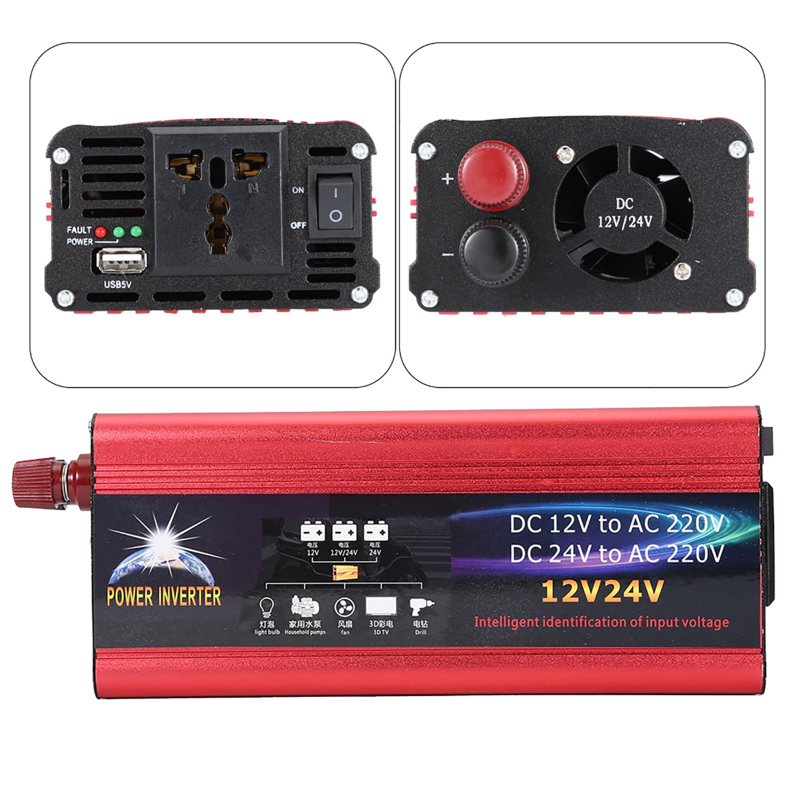Inversor 2000W 12V/24V a 220V, Convertidor de Corriente para Coche, Inversor Solar de Onda Sinusoidal Pura para Autocaravana, Furgoneta, Barco